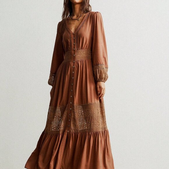 Boho Beauty Brown Casual Women's V Neck Lace Trimmed Maxi Dress - Picture 6 of 10